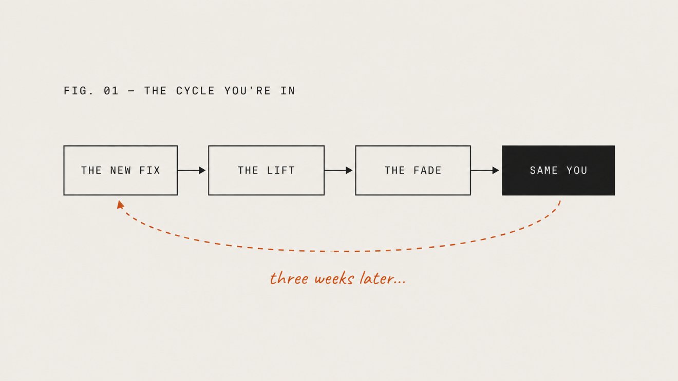 Fig. 01 — The cycle: the new fix, the lift, the fade, same you. Three weeks later it repeats.